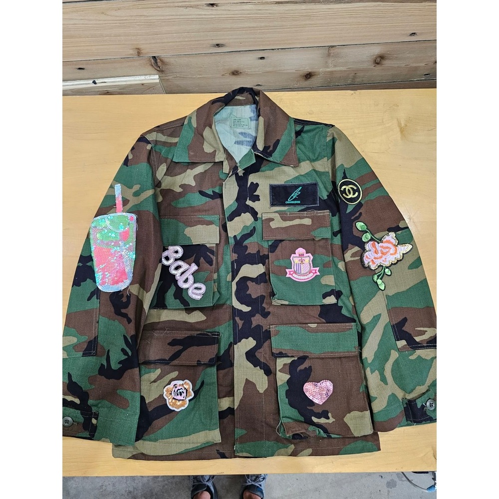 Custom Woodland Camo Field Jacket with Sequin Patches XS and Short